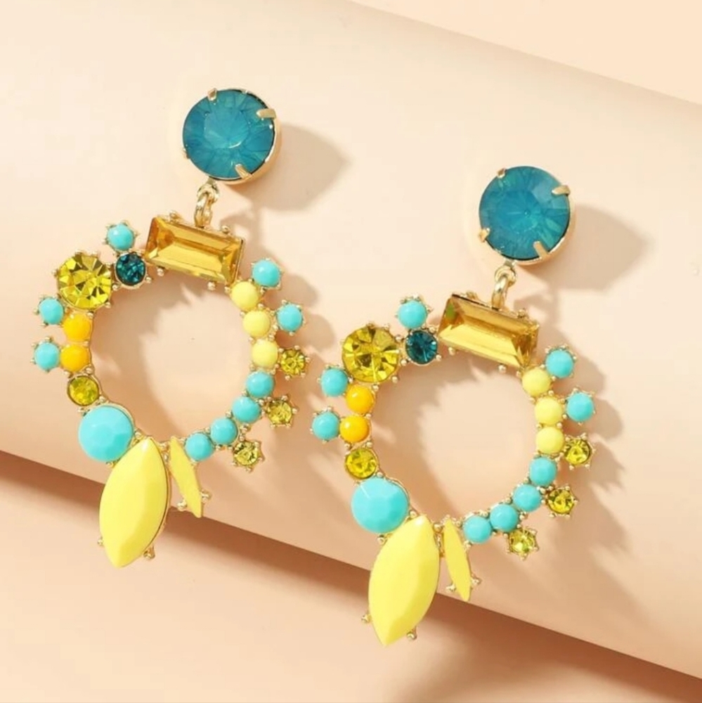 Rhinestone Beaded Yellow & Blue Glam Earrings PARTY‎ LUXURY BARBIE FANCY CUTE